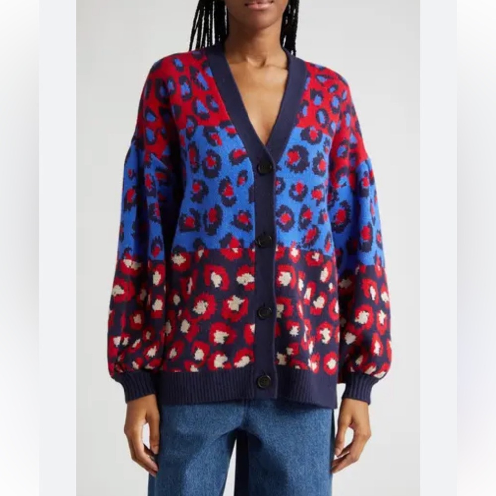 FARM Rio Blue and Red Leopard-Print Button Cardigan